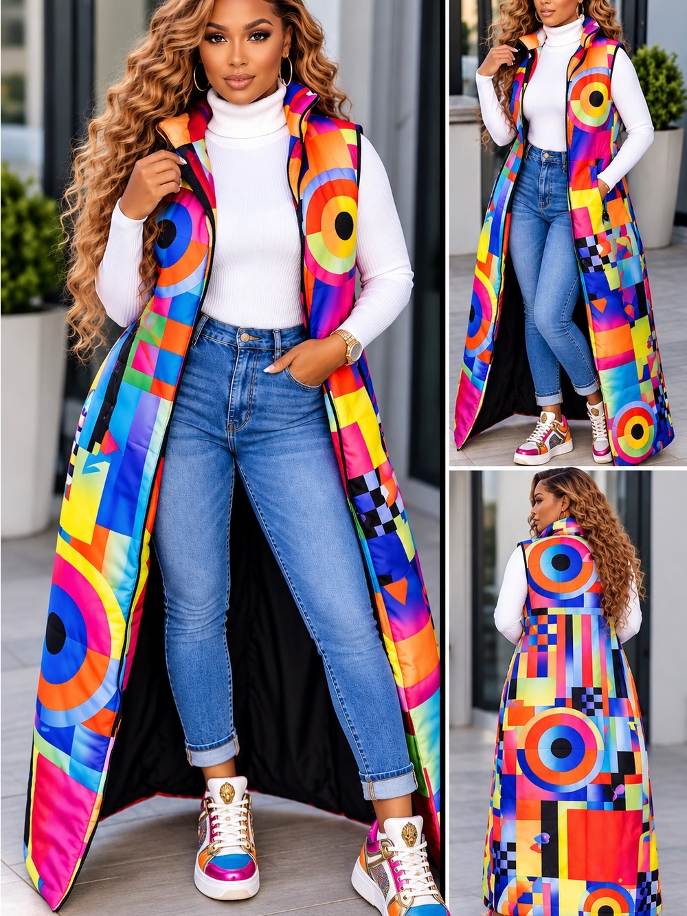 Vibrant Geometric Long Puffer Vest - Multicolor